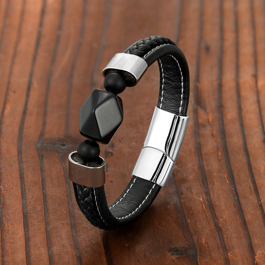 Elegant Fashion Vintage Jewelry Geometric Natural Black Onyx Men's 316L Stainless Steel Leather Rope Bracelet