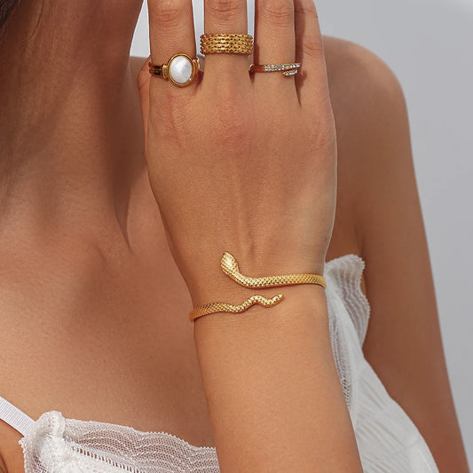 2025 New Stainless Steel Real Gold Plated Plaid Texture Adjustable Snake Gold Bangle For Woman Cuff Bracelets For Women
