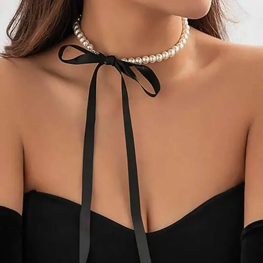 Exquisite Imitation Pearl Choker Necklace Fashionable Bow Tie Lace Up Velalvet Necklace Personality Simple Jewelry For Woman